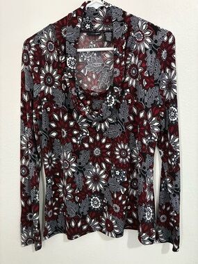 East 5th Floral Cowl Neck Long Sleeve Top - Burgundy/Black/White
